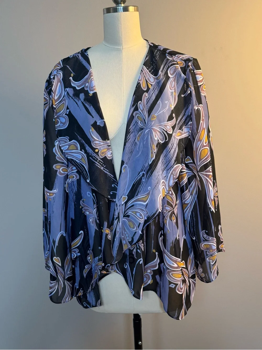 Bob Mackie Black Lavender Floral Print Sheer Blazer, 1X